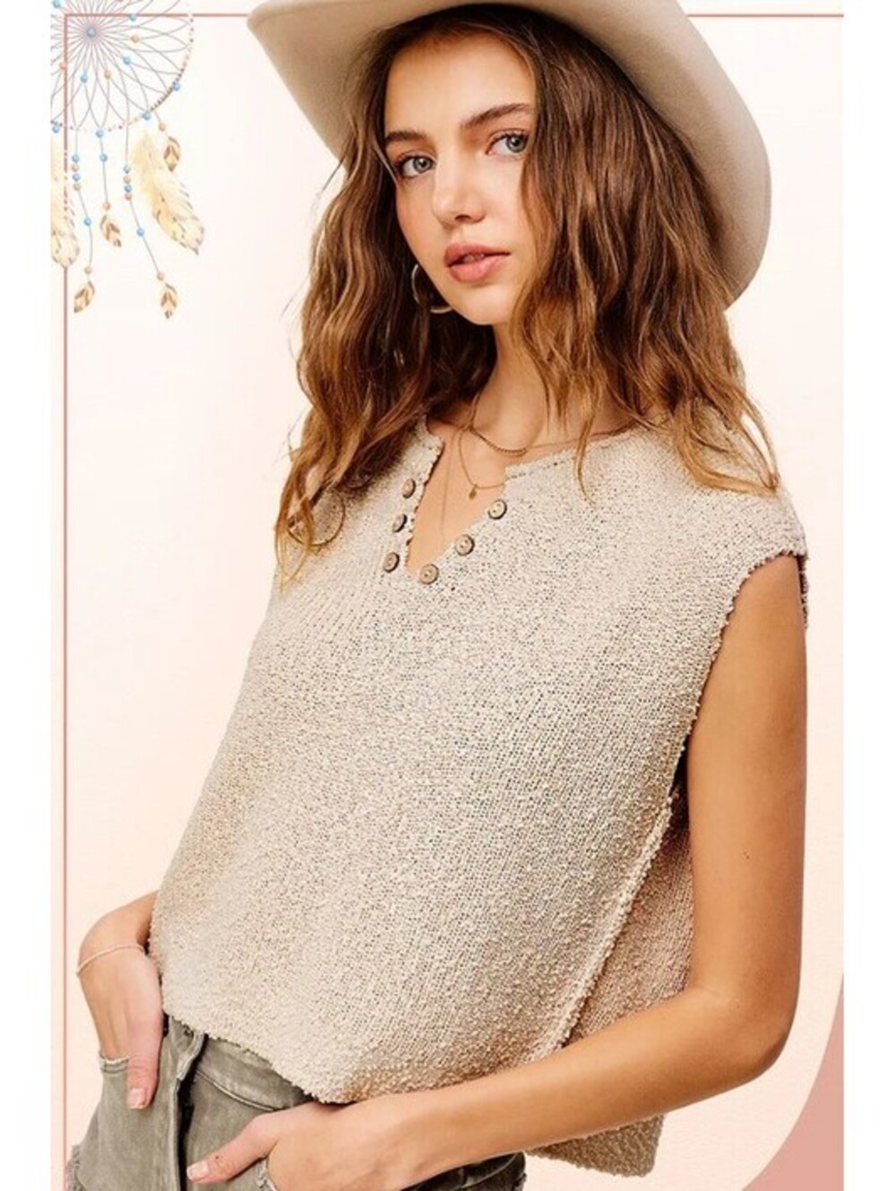 Beige slouchy cropped sweater vest in textured knit fabric